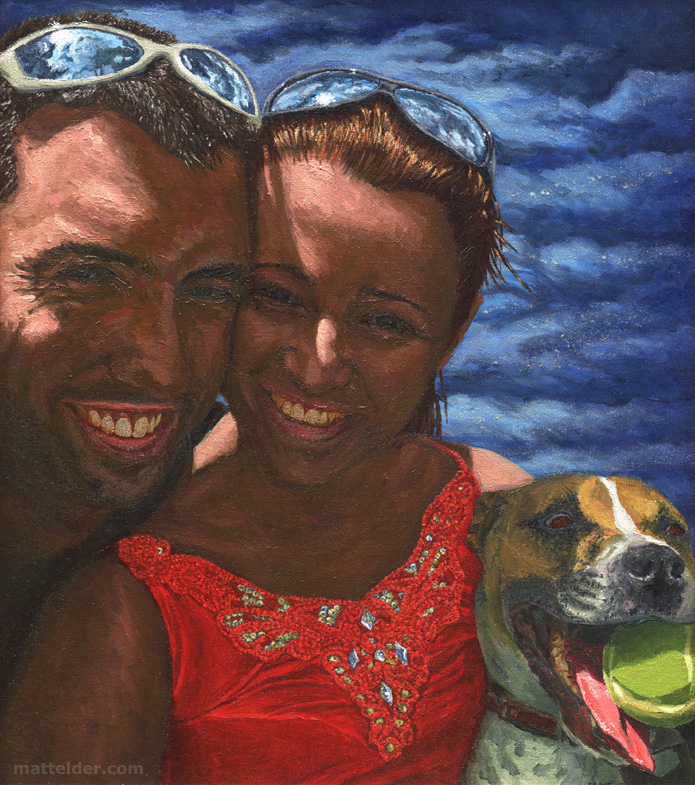 And So It Begins - Oil Portrait Painting Couple with a Staffy Dog
