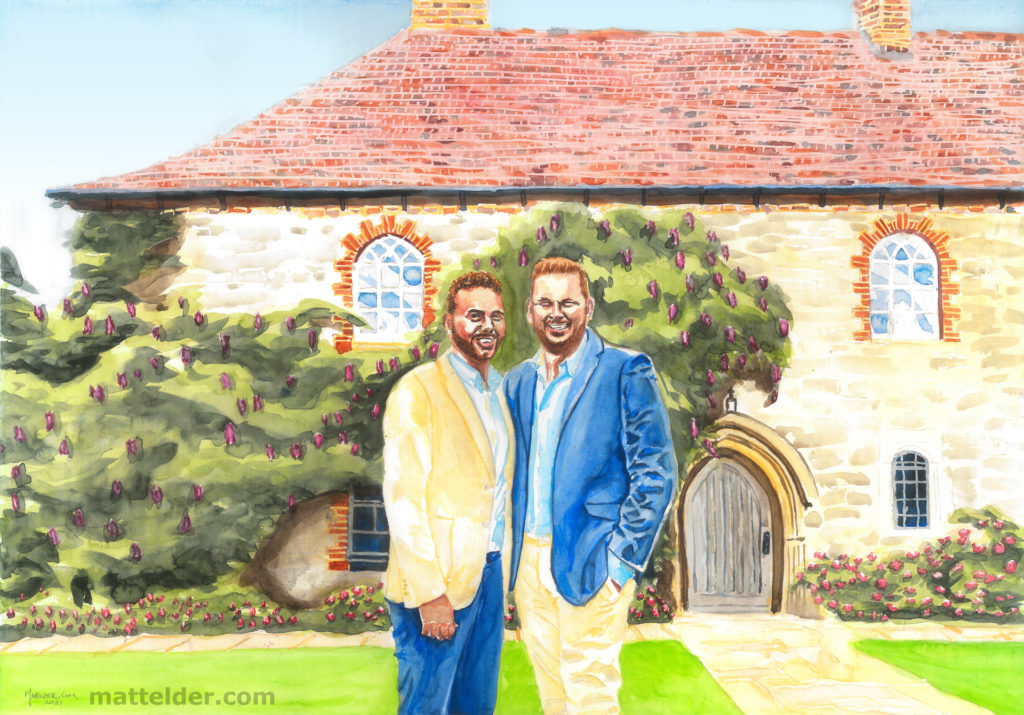 Battel Hall at Leeds Castle Wedding Painting Gay Couple (watercolour)